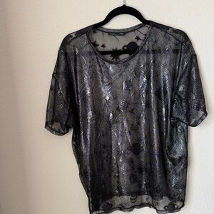 Zara Sheer Black and Silver metallic  Star & planet  Patterned Top